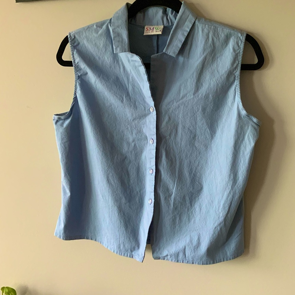 Blue Button Up Sleeveless Blouse